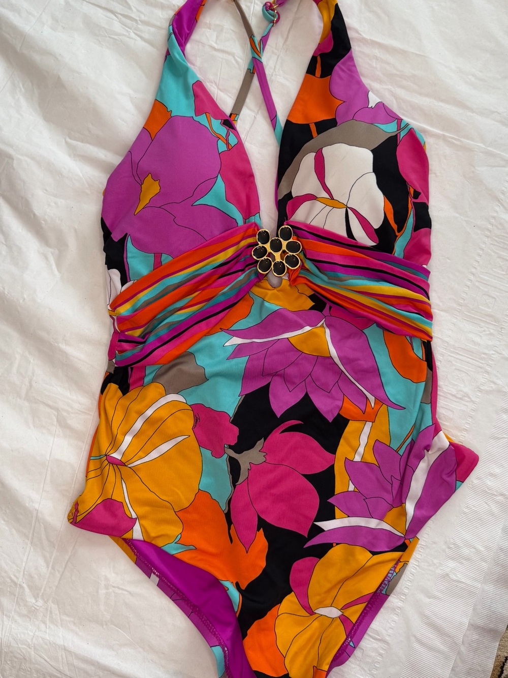 Trina Turk Bright Floral Halter One-Piece Swimsuit - Pink, Orange, Turquoise - Picture 3 of 6